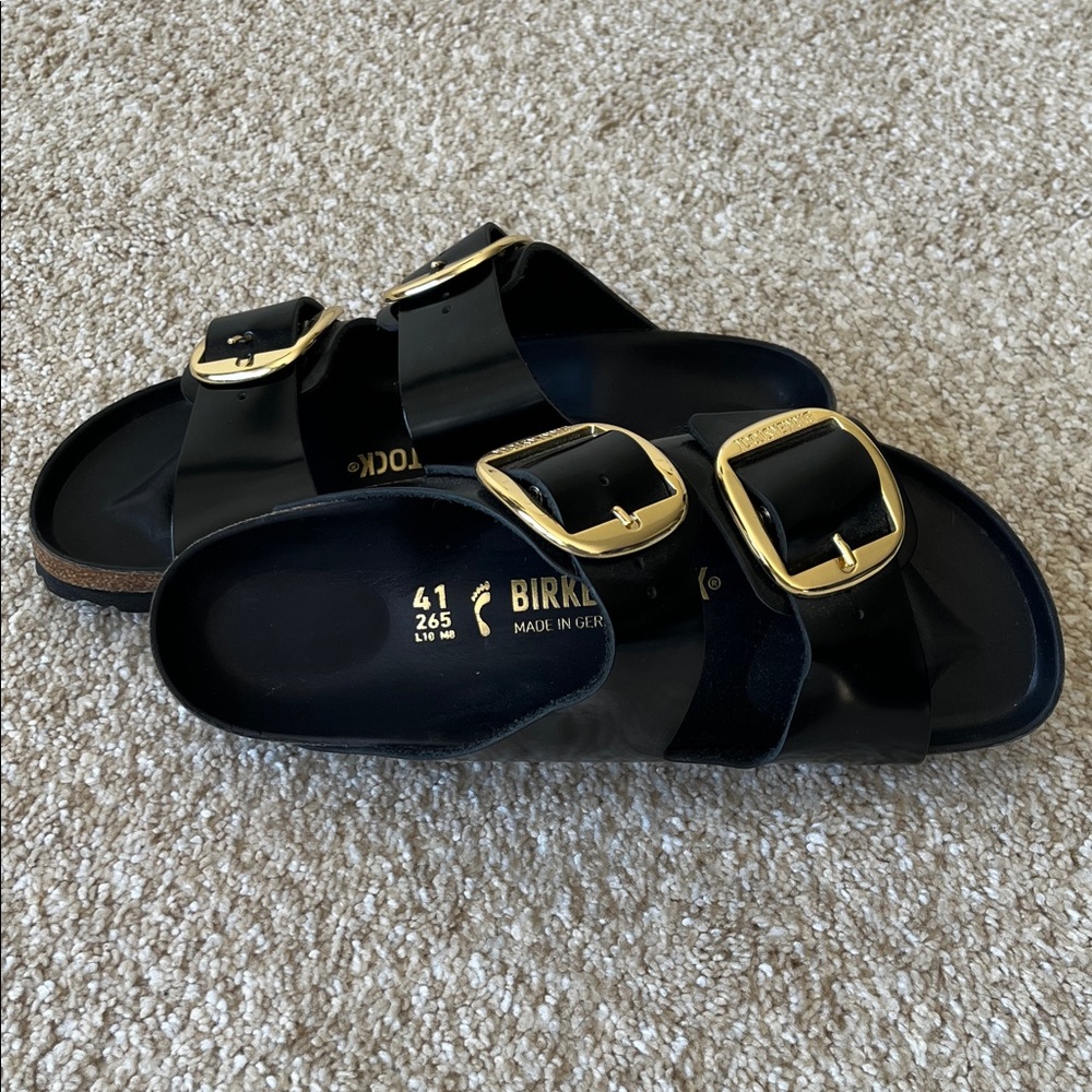 Birkenstock Big Buckle Black Sandals with Gold Buckles - Picture 2 of 2